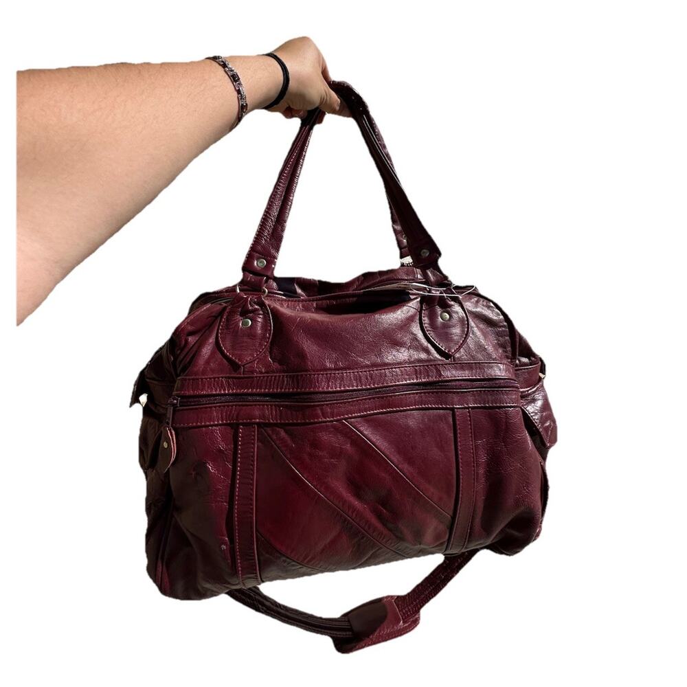 Vintage Maroon Leather Duffle Bag Dark Academia Weekender Carry On Travel Bag